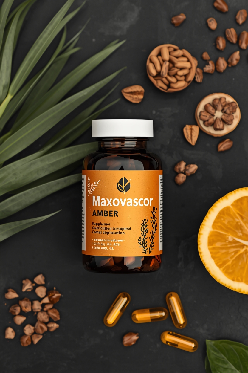 Amber glass supplement bottle beside natural elements on a dark surface